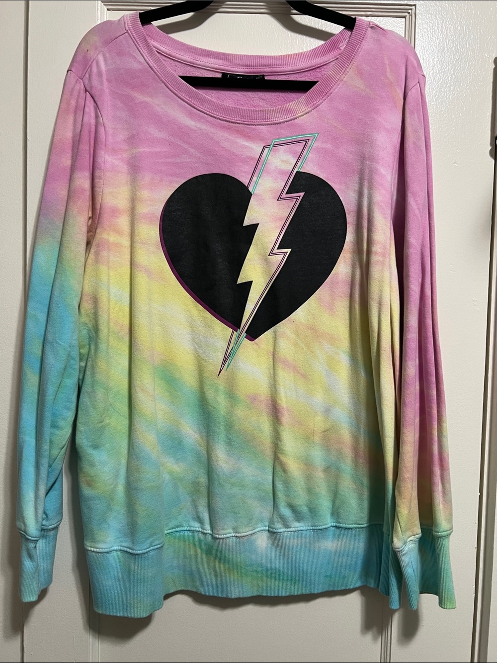 Pastel Tie-Dye Heart Lightning Pullover Sweatshirt - Pink, Yellow, Blue